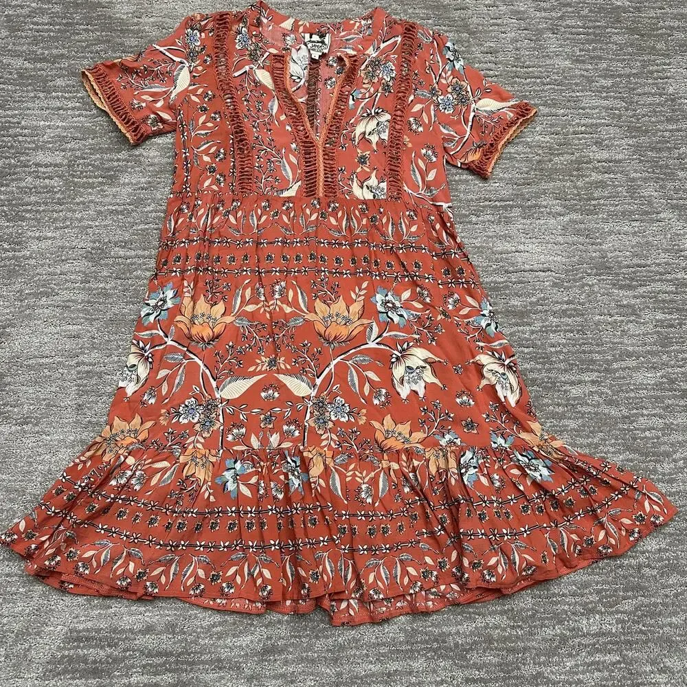 Jaase Dress Womens Small Rust Floral Boho Ruffle Hem Summer Lace Cut Out - Picture 4 of 13